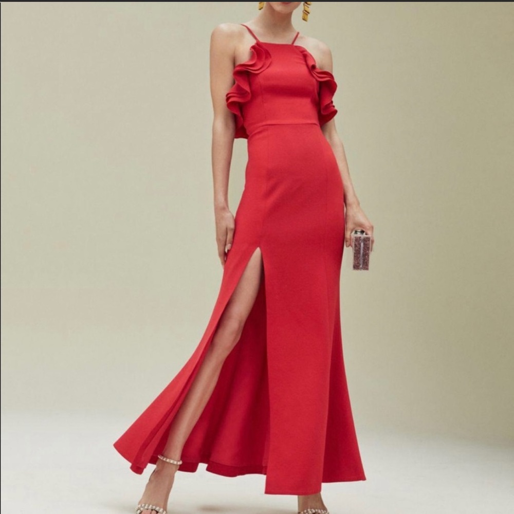 Anthropologie Red Ruffle-Strap Side-Slit Maxi Dress